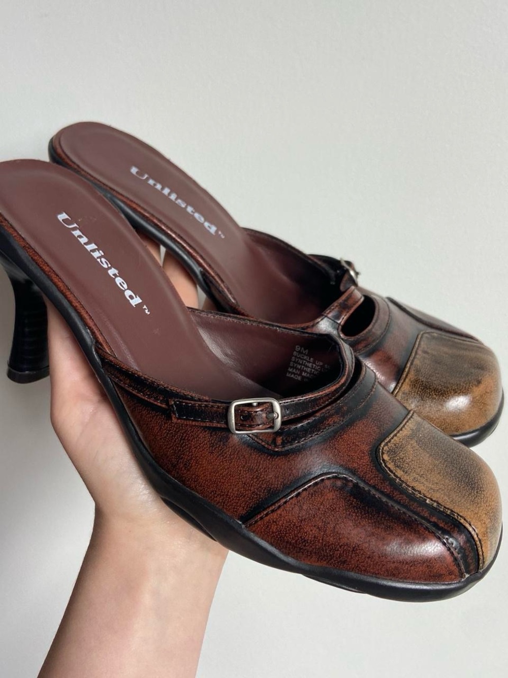 Unlisted Two-Tone Brown Leather Heeled Mules